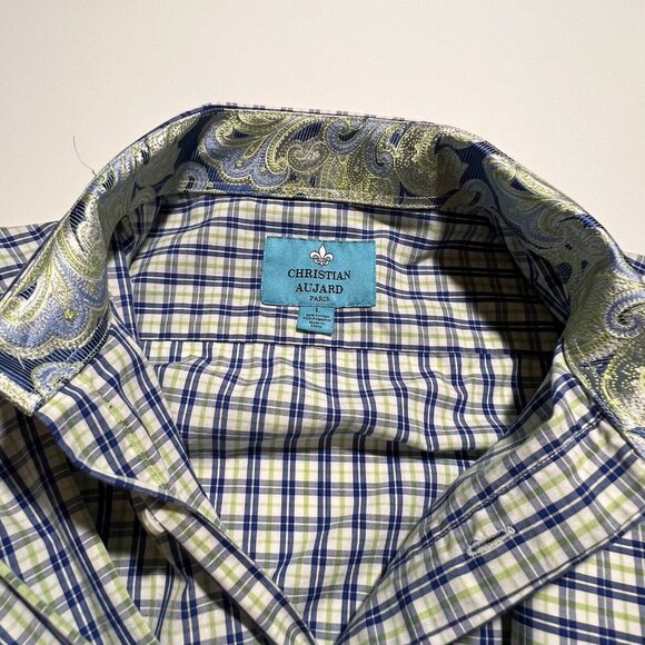 Christian Aujard Paris Mens Blue Yellow Long Sleeve Button Up Size L Flip Cuff - Picture 3 of 7